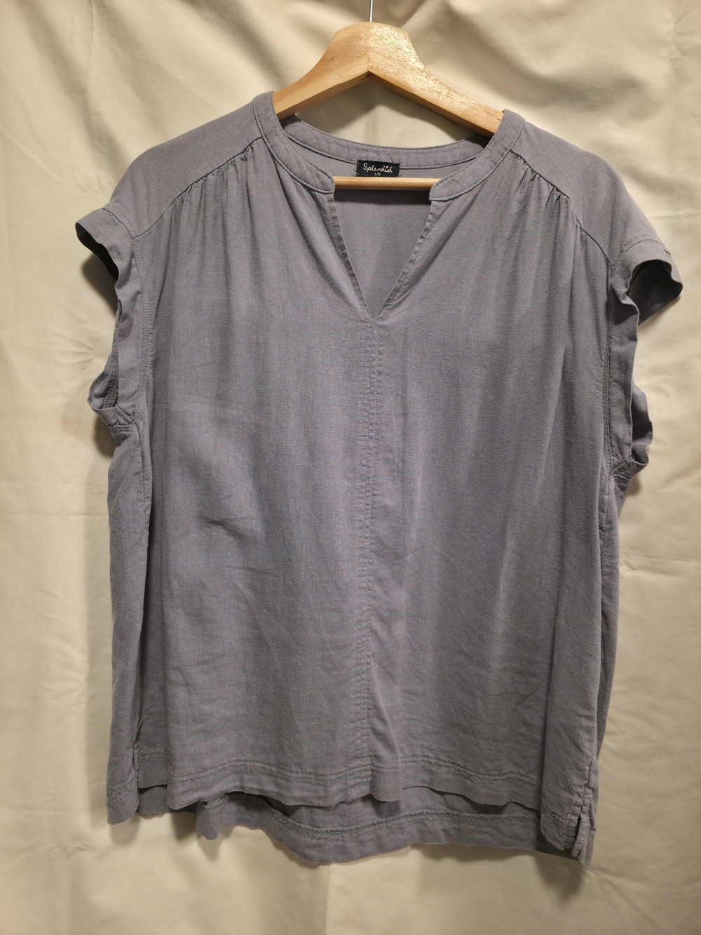 Splendid Dusty Blue Split-Neck Short Sleeve Linen Blouse